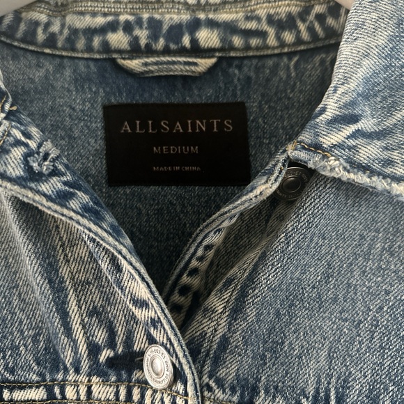 All Saints Blue Denim Jacket with Green Sleeves bomber jacket - Picture 2 of 4